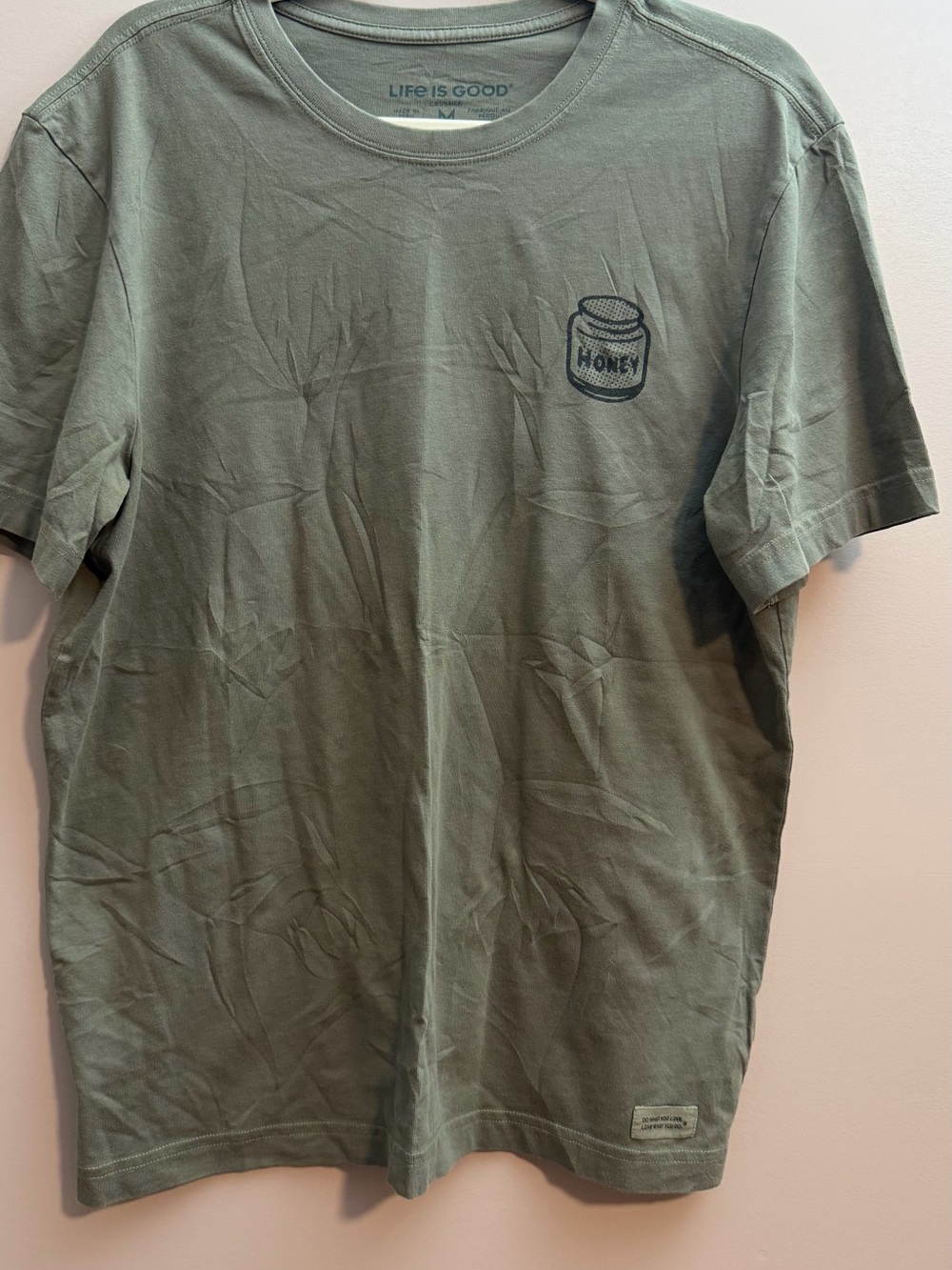 Life Is Good Men’s Olive Green Short Sleeve Tee with Honey Jar Graphic